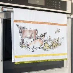 Everything Kitchens Barnyard Baby Animals Tea Towel + Pot Holder Set | "Have A Jersey Cow" - Calf -Dinnerware Shop cowtowel 1