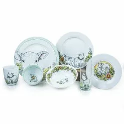 Everything Kitchens Barnyard Baby Animals 28-Piece Dinnerware Set | "Leaping Sheep" - Lamb