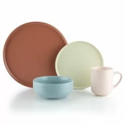 Everything Kitchens Modern Flat 16-Piece Dinnerware Set | Terracotta, Beige, Dusty Blue, Soft Pink