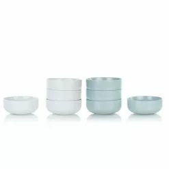 Everything Kitchens Modern Flat 8-Piece Bowl Set | Stone Gray & Dusty Blue