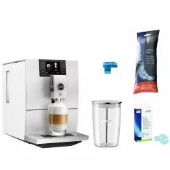 Jura ENA 8 Automatic Coffee & Espresso Machine With Touch Screen | Nordic White + Smart Connect + Glass Milk Container + Replacement Water Filter & Descaling Tabs