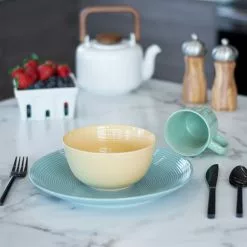 Everything Kitchens Modern Colorful Neutrals - Rippled 12-Piece Breakfast Set - Glazed | Blue, Butter Yellow, Light Green -Dinnerware Shop modern ripple glazed squares 0022 dsc0013 2