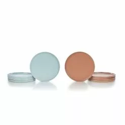 Everything Kitchens Modern Flat 8-Piece Lunch Plate Set | Dusty Blue & Terracotta