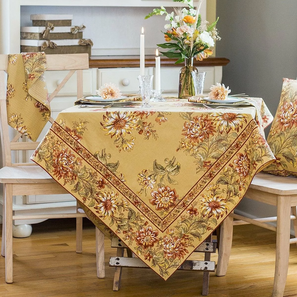 April Cornell 54" X 54" Dahlia Days Breakfast Tablecloth | Gold 4 April Cornell 54" X 54" Dahlia Days Breakfast Tablecloth | Gold - Image 2